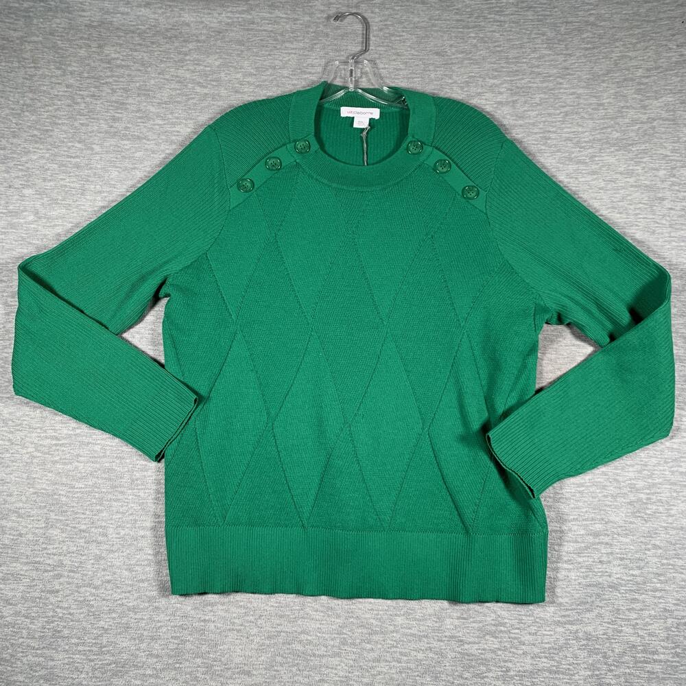 Liz Claiborne Sweater Womens XXL Green Crewneck Argyle Button Shoulder Pullover